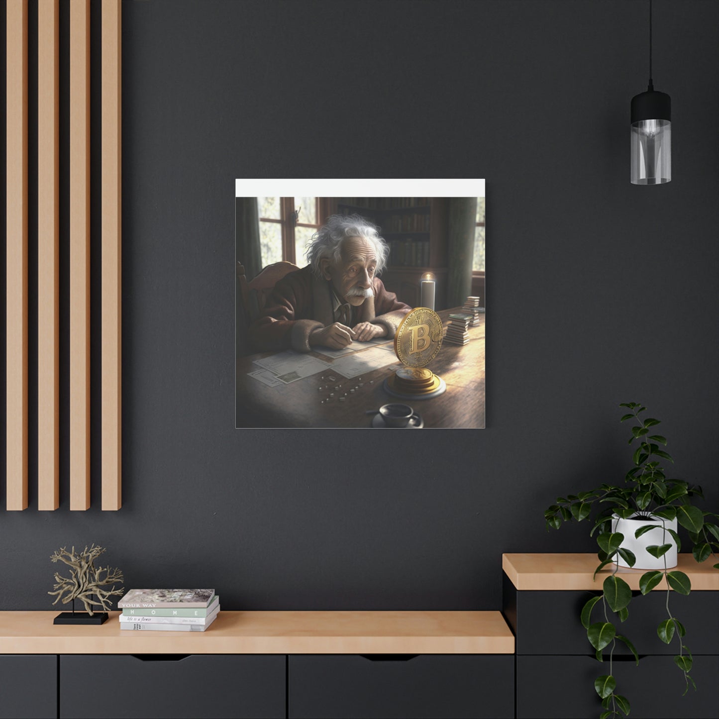 Einstein Studying Bitcoin Canvas, 32"x32"