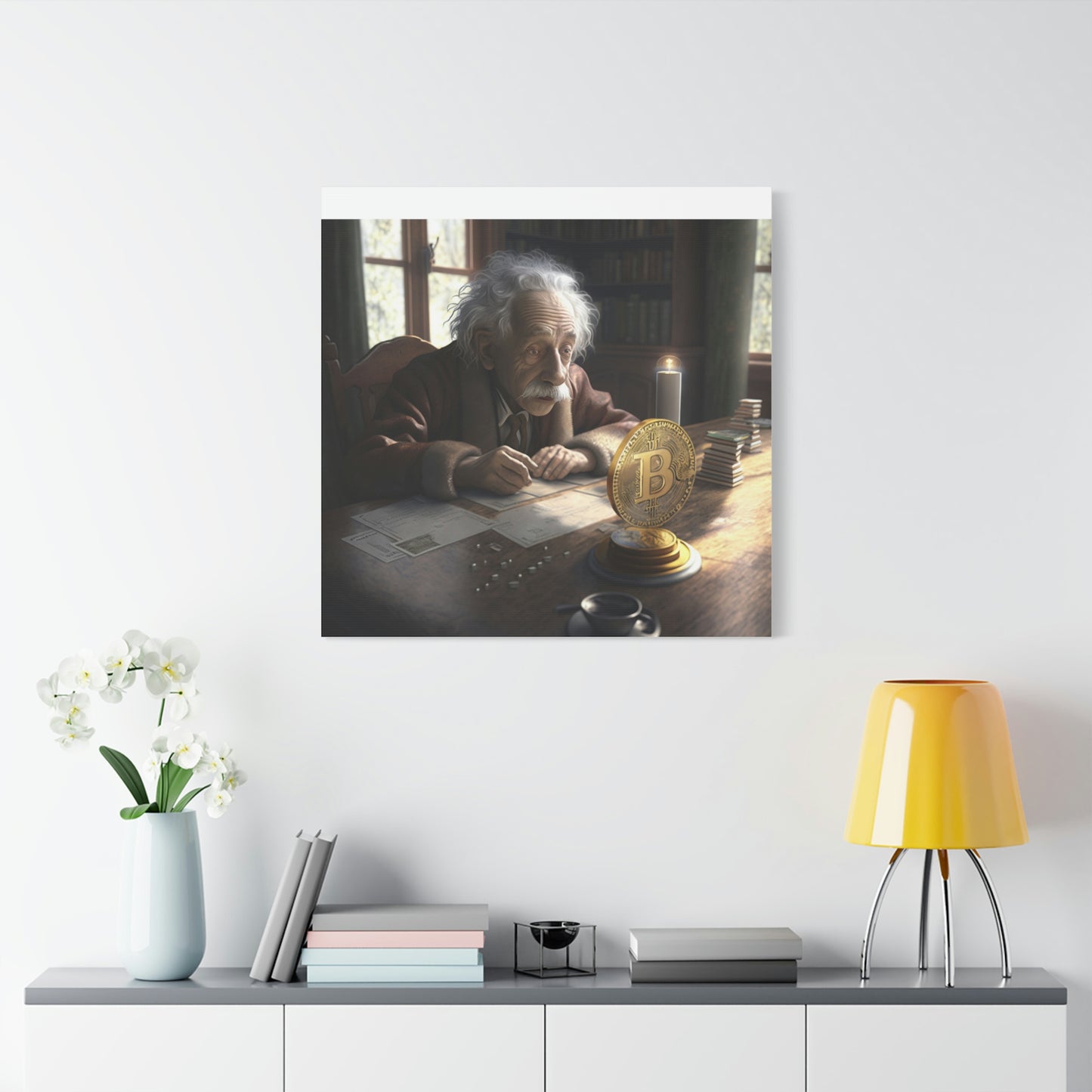 Einstein Studying Bitcoin Canvas, 32"x32"