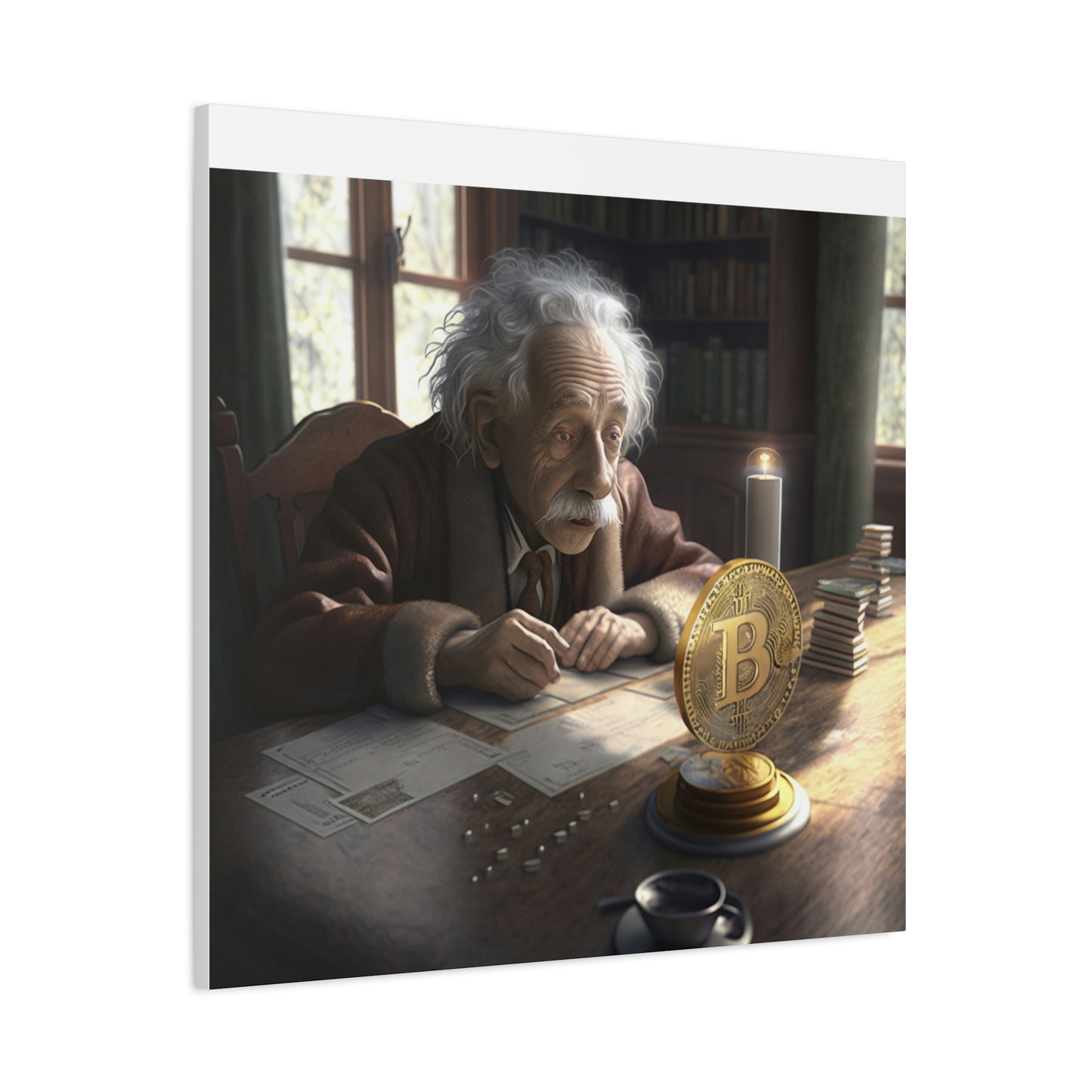 Einstein Studying Bitcoin Canvas, 32"x32"