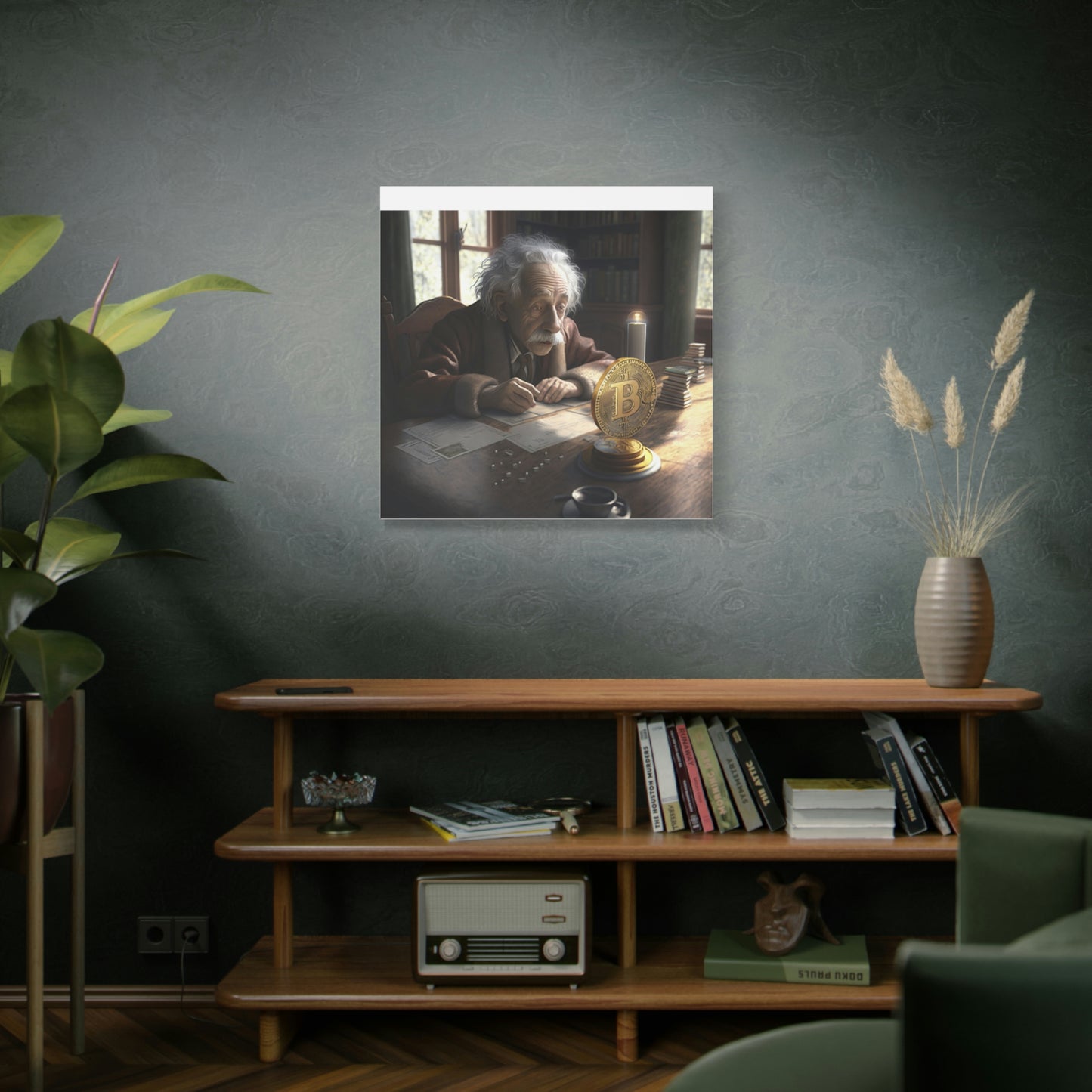 Einstein Studying Bitcoin Canvas, 32"x32"